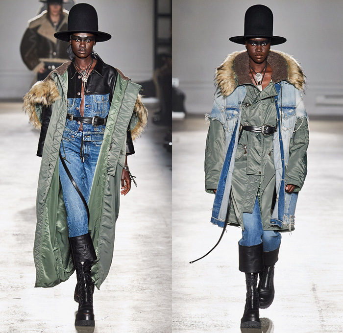 R13 by Chris Leba 2020-2021 Fall Autumn Winter Womens Runway Catwalk Looks - New York Fashion Week NYFW - Ten Gallon Hat Americana Western Bolo Tie Destroyed Destructed Frayed Raw Hem Denim Jeans Layers Leather Zipper Coat Parka Motorcycle Biker Aviator Jacket Vest Fur Shearling Nylon Patchwork Lace Embroidery Knit Camouflage Flowers Floral Fringes U2 Concert Photo Print Noodle Strap Slip Dress Asymmetrical Closure Blouse Leopard Cheetah Check Plaid Military Boots