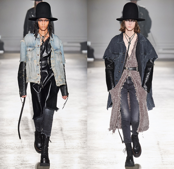 R13 by Chris Leba 2020-2021 Fall Autumn Winter Womens Runway Catwalk Looks - New York Fashion Week NYFW - Ten Gallon Hat Americana Western Bolo Tie Destroyed Destructed Frayed Raw Hem Denim Jeans Layers Leather Zipper Coat Parka Motorcycle Biker Aviator Jacket Vest Fur Shearling Nylon Patchwork Lace Embroidery Knit Camouflage Flowers Floral Fringes U2 Concert Photo Print Noodle Strap Slip Dress Asymmetrical Closure Blouse Leopard Cheetah Check Plaid Military Boots