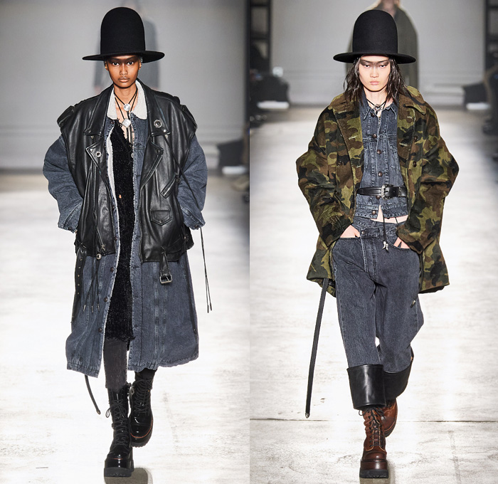 R13 by Chris Leba 2020-2021 Fall Autumn Winter Womens Runway Catwalk Looks - New York Fashion Week NYFW - Ten Gallon Hat Americana Western Bolo Tie Destroyed Destructed Frayed Raw Hem Denim Jeans Layers Leather Zipper Coat Parka Motorcycle Biker Aviator Jacket Vest Fur Shearling Nylon Patchwork Lace Embroidery Knit Camouflage Flowers Floral Fringes U2 Concert Photo Print Noodle Strap Slip Dress Asymmetrical Closure Blouse Leopard Cheetah Check Plaid Military Boots