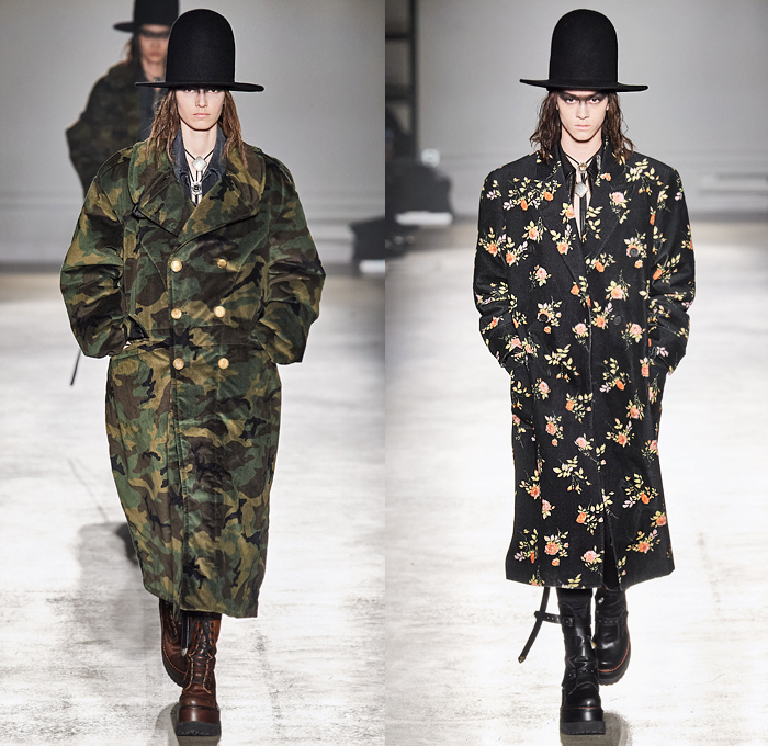 R13 by Chris Leba 2020-2021 Fall Autumn Winter Womens Runway Catwalk Looks - New York Fashion Week NYFW - Ten Gallon Hat Americana Western Bolo Tie Destroyed Destructed Frayed Raw Hem Denim Jeans Layers Leather Zipper Coat Parka Motorcycle Biker Aviator Jacket Vest Fur Shearling Nylon Patchwork Lace Embroidery Knit Camouflage Flowers Floral Fringes U2 Concert Photo Print Noodle Strap Slip Dress Asymmetrical Closure Blouse Leopard Cheetah Check Plaid Military Boots