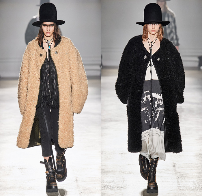 R13 by Chris Leba 2020-2021 Fall Autumn Winter Womens Runway Catwalk Looks - New York Fashion Week NYFW - Ten Gallon Hat Americana Western Bolo Tie Destroyed Destructed Frayed Raw Hem Denim Jeans Layers Leather Zipper Coat Parka Motorcycle Biker Aviator Jacket Vest Fur Shearling Nylon Patchwork Lace Embroidery Knit Camouflage Flowers Floral Fringes U2 Concert Photo Print Noodle Strap Slip Dress Asymmetrical Closure Blouse Leopard Cheetah Check Plaid Military Boots