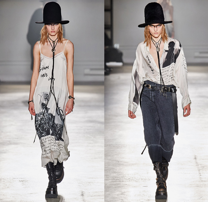 R13 by Chris Leba 2020-2021 Fall Autumn Winter Womens Runway Catwalk Looks - New York Fashion Week NYFW - Ten Gallon Hat Americana Western Bolo Tie Destroyed Destructed Frayed Raw Hem Denim Jeans Layers Leather Zipper Coat Parka Motorcycle Biker Aviator Jacket Vest Fur Shearling Nylon Patchwork Lace Embroidery Knit Camouflage Flowers Floral Fringes U2 Concert Photo Print Noodle Strap Slip Dress Asymmetrical Closure Blouse Leopard Cheetah Check Plaid Military Boots