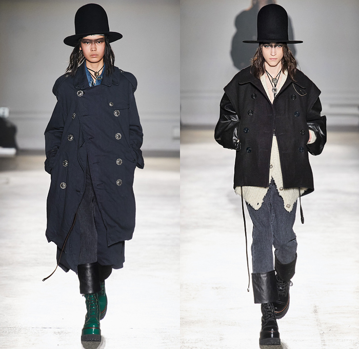 R13 by Chris Leba 2020-2021 Fall Autumn Winter Womens Runway Catwalk Looks - New York Fashion Week NYFW - Ten Gallon Hat Americana Western Bolo Tie Destroyed Destructed Frayed Raw Hem Denim Jeans Layers Leather Zipper Coat Parka Motorcycle Biker Aviator Jacket Vest Fur Shearling Nylon Patchwork Lace Embroidery Knit Camouflage Flowers Floral Fringes U2 Concert Photo Print Noodle Strap Slip Dress Asymmetrical Closure Blouse Leopard Cheetah Check Plaid Military Boots