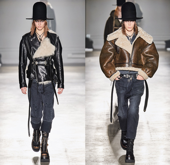 R13 by Chris Leba 2020-2021 Fall Autumn Winter Womens Runway Catwalk Looks - New York Fashion Week NYFW - Ten Gallon Hat Americana Western Bolo Tie Destroyed Destructed Frayed Raw Hem Denim Jeans Layers Leather Zipper Coat Parka Motorcycle Biker Aviator Jacket Vest Fur Shearling Nylon Patchwork Lace Embroidery Knit Camouflage Flowers Floral Fringes U2 Concert Photo Print Noodle Strap Slip Dress Asymmetrical Closure Blouse Leopard Cheetah Check Plaid Military Boots