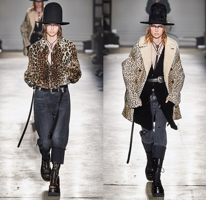 R13 by Chris Leba 2020-2021 Fall Autumn Winter Womens Runway Catwalk Looks - New York Fashion Week NYFW - Ten Gallon Hat Americana Western Bolo Tie Destroyed Destructed Frayed Raw Hem Denim Jeans Layers Leather Zipper Coat Parka Motorcycle Biker Aviator Jacket Vest Fur Shearling Nylon Patchwork Lace Embroidery Knit Camouflage Flowers Floral Fringes U2 Concert Photo Print Noodle Strap Slip Dress Asymmetrical Closure Blouse Leopard Cheetah Check Plaid Military Boots