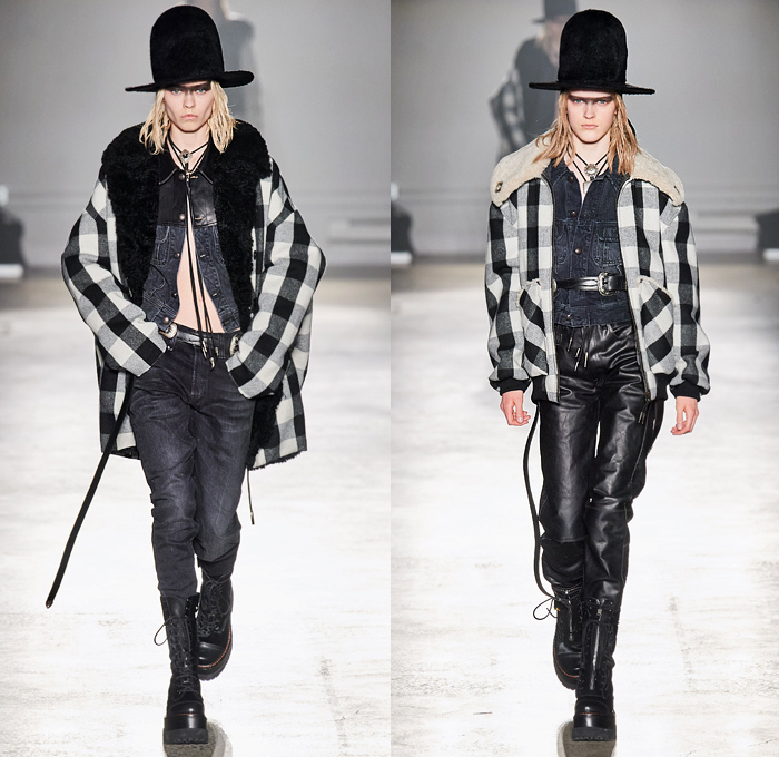 R13 by Chris Leba 2020-2021 Fall Autumn Winter Womens Runway Catwalk Looks - New York Fashion Week NYFW - Ten Gallon Hat Americana Western Bolo Tie Destroyed Destructed Frayed Raw Hem Denim Jeans Layers Leather Zipper Coat Parka Motorcycle Biker Aviator Jacket Vest Fur Shearling Nylon Patchwork Lace Embroidery Knit Camouflage Flowers Floral Fringes U2 Concert Photo Print Noodle Strap Slip Dress Asymmetrical Closure Blouse Leopard Cheetah Check Plaid Military Boots