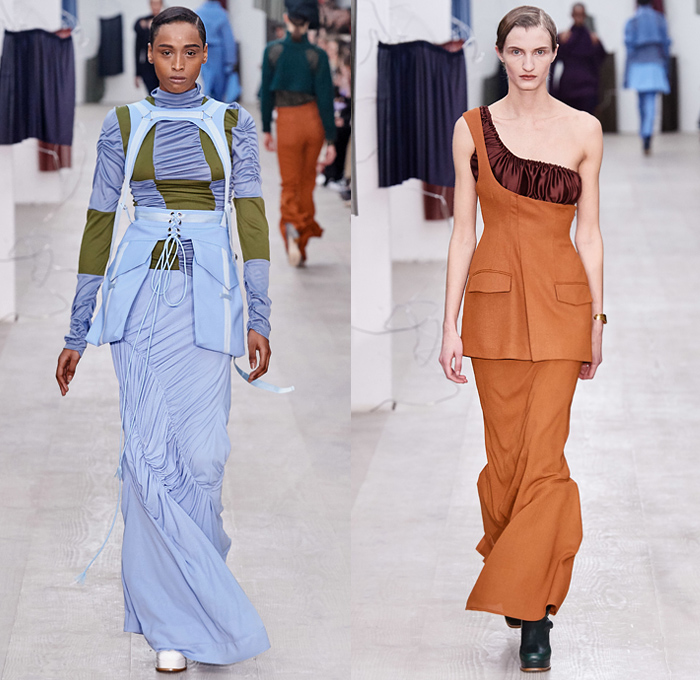 Richard Malone 2020-2021 Fall Autumn Winter Womens Runway Catwalk Looks - London Fashion Week Collections UK - Cinch Sheer Chiffon Organza Dress Harness Straps Tied Tool Belt Cargo Utility Flap Pockets Turtleneck Knit Cutout Sweater One Shoulder Strapless Wrap Pantsuit Jacket Blazer Long Skirt Flare Pants Patchwork Satchel Leather Coat Plush Fur Tabard Zipper Poufy Shoulders Silk Satin Accordion Pleats Sculptural Curved Gown Draped Beret Boots