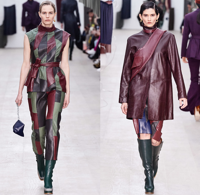 Richard Malone 2020-2021 Fall Autumn Winter Womens Runway Catwalk Looks - London Fashion Week Collections UK - Cinch Sheer Chiffon Organza Dress Harness Straps Tied Tool Belt Cargo Utility Flap Pockets Turtleneck Knit Cutout Sweater One Shoulder Strapless Wrap Pantsuit Jacket Blazer Long Skirt Flare Pants Patchwork Satchel Leather Coat Plush Fur Tabard Zipper Poufy Shoulders Silk Satin Accordion Pleats Sculptural Curved Gown Draped Beret Boots