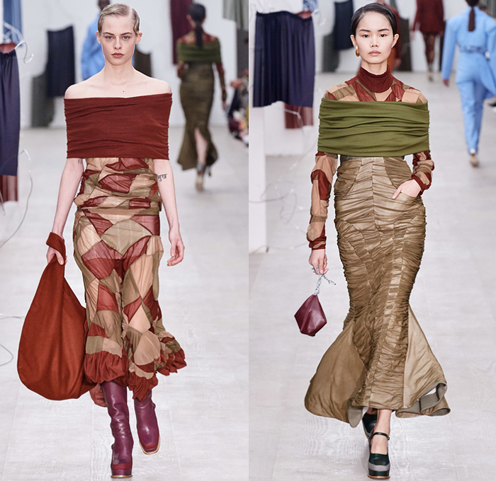 Richard Malone 2020-2021 Fall Autumn Winter Womens Runway Catwalk Looks - London Fashion Week Collections UK - Cinch Sheer Chiffon Organza Dress Harness Straps Tied Tool Belt Cargo Utility Flap Pockets Turtleneck Knit Cutout Sweater One Shoulder Strapless Wrap Pantsuit Jacket Blazer Long Skirt Flare Pants Patchwork Satchel Leather Coat Plush Fur Tabard Zipper Poufy Shoulders Silk Satin Accordion Pleats Sculptural Curved Gown Draped Beret Boots