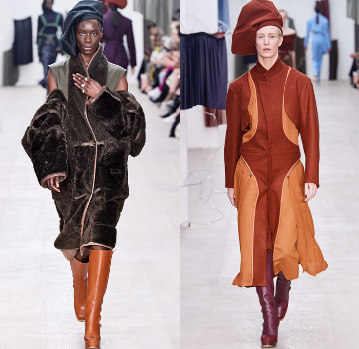 Richard Malone 2020-2021 Fall Autumn Winter Womens Runway Catwalk Looks - London Fashion Week Collections UK - Cinch Sheer Chiffon Organza Dress Harness Straps Tied Tool Belt Cargo Utility Flap Pockets Turtleneck Knit Cutout Sweater One Shoulder Strapless Wrap Pantsuit Jacket Blazer Long Skirt Flare Pants Patchwork Satchel Leather Coat Plush Fur Tabard Zipper Poufy Shoulders Silk Satin Accordion Pleats Sculptural Curved Gown Draped Beret Boots