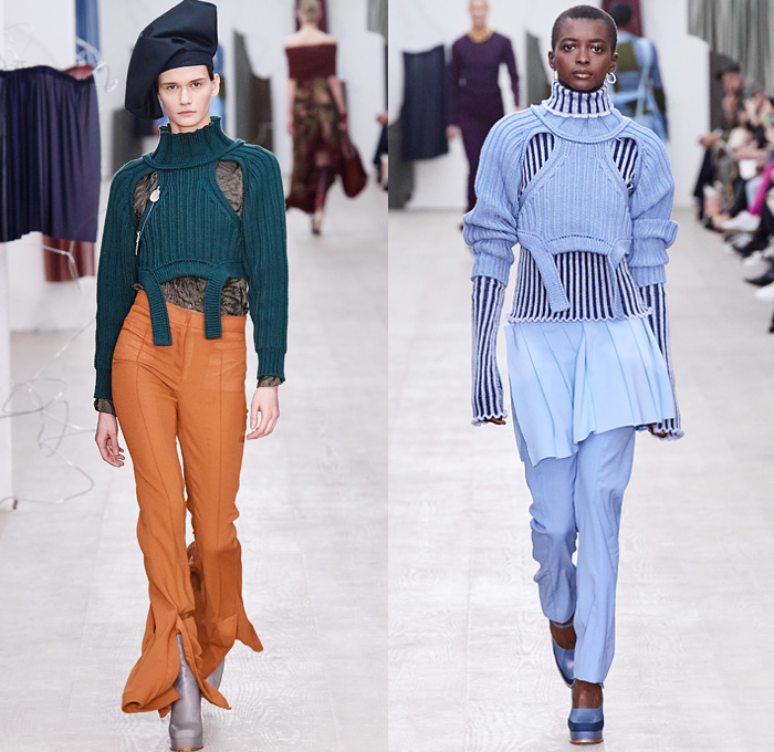 Richard Malone 2020-2021 Fall Autumn Winter Womens Runway Catwalk Looks - London Fashion Week Collections UK - Cinch Sheer Chiffon Organza Dress Harness Straps Tied Tool Belt Cargo Utility Flap Pockets Turtleneck Knit Cutout Sweater One Shoulder Strapless Wrap Pantsuit Jacket Blazer Long Skirt Flare Pants Patchwork Satchel Leather Coat Plush Fur Tabard Zipper Poufy Shoulders Silk Satin Accordion Pleats Sculptural Curved Gown Draped Beret Boots