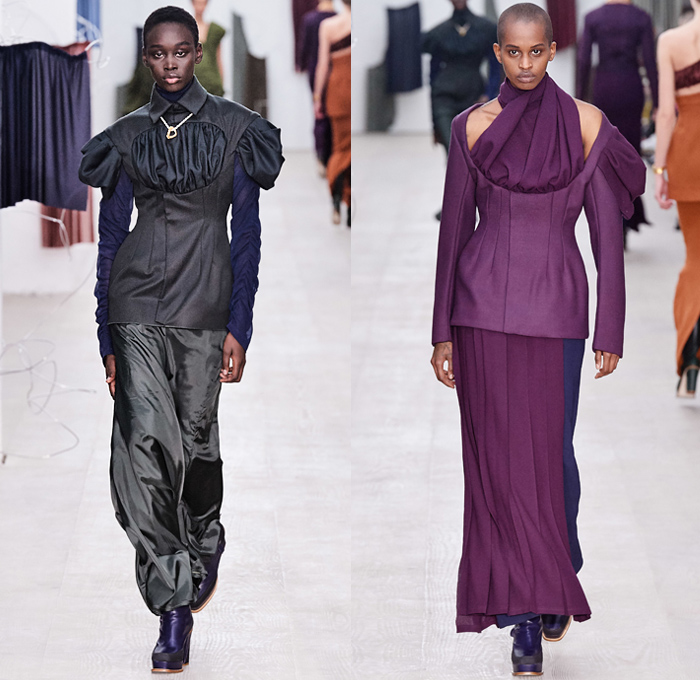 Richard Malone 2020-2021 Fall Autumn Winter Womens Runway Catwalk Looks - London Fashion Week Collections UK - Cinch Sheer Chiffon Organza Dress Harness Straps Tied Tool Belt Cargo Utility Flap Pockets Turtleneck Knit Cutout Sweater One Shoulder Strapless Wrap Pantsuit Jacket Blazer Long Skirt Flare Pants Patchwork Satchel Leather Coat Plush Fur Tabard Zipper Poufy Shoulders Silk Satin Accordion Pleats Sculptural Curved Gown Draped Beret Boots