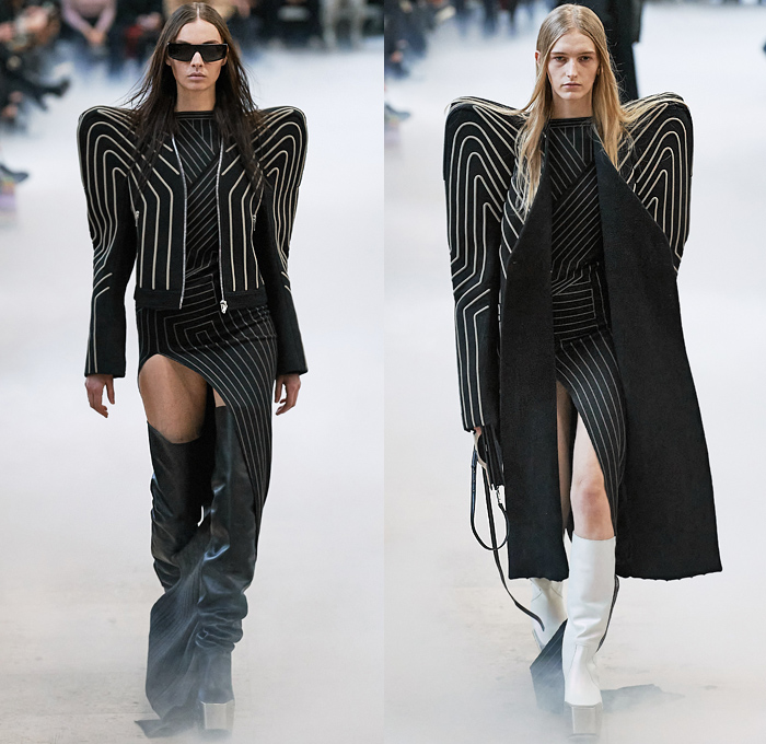 Rick Owens 2020-2021 Fall Autumn Winter Womens Runway Catwalk Looks - Mode à Paris Fashion Week France - Performa Frankenstein Football Strong High Padded Bloated Shoulders Stripes Lines Coat Dragon Scales Leopard Jacket Quilted Puffer Poncho Cape Blanket One Shoulder Strapless Knit Crochet Weave Wide Elongated Sleeves Plastic Rainwear Silk Satin Fleece High Slit Skirt Bodycon Dress Gown Purse Handbag Gloves Platform Elevator Shoes Thigh High Motorcycle Biker Boots Sunglasses