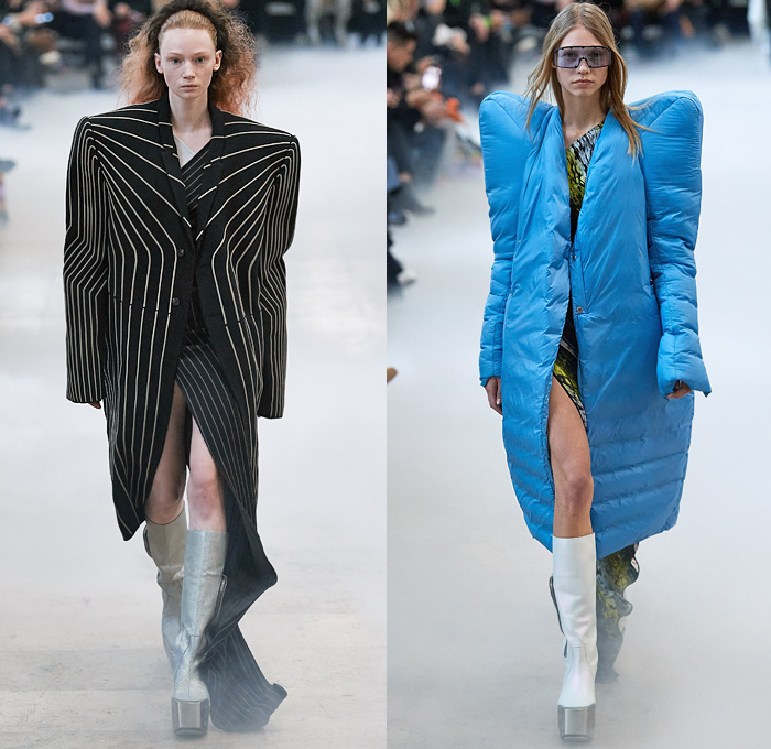 Rick Owens 2020-2021 Fall Autumn Winter Womens Runway Catwalk Looks - Mode à Paris Fashion Week France - Performa Frankenstein Football Strong High Padded Bloated Shoulders Stripes Lines Coat Dragon Scales Leopard Jacket Quilted Puffer Poncho Cape Blanket One Shoulder Strapless Knit Crochet Weave Wide Elongated Sleeves Plastic Rainwear Silk Satin Fleece High Slit Skirt Bodycon Dress Gown Purse Handbag Gloves Platform Elevator Shoes Thigh High Motorcycle Biker Boots Sunglasses