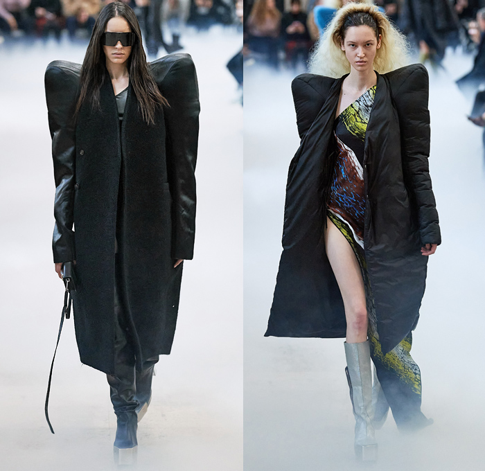 Rick Owens 2020-2021 Fall Autumn Winter Womens Runway Catwalk Looks - Mode à Paris Fashion Week France - Performa Frankenstein Football Strong High Padded Bloated Shoulders Stripes Lines Coat Dragon Scales Leopard Jacket Quilted Puffer Poncho Cape Blanket One Shoulder Strapless Knit Crochet Weave Wide Elongated Sleeves Plastic Rainwear Silk Satin Fleece High Slit Skirt Bodycon Dress Gown Purse Handbag Gloves Platform Elevator Shoes Thigh High Motorcycle Biker Boots Sunglasses