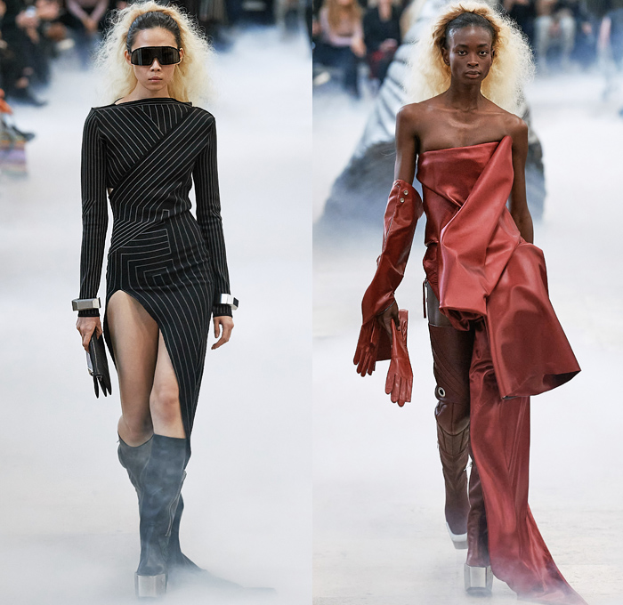 Rick Owens 2020-2021 Fall Autumn Winter Womens Runway Catwalk Looks - Mode à Paris Fashion Week France - Performa Frankenstein Football Strong High Padded Bloated Shoulders Stripes Lines Coat Dragon Scales Leopard Jacket Quilted Puffer Poncho Cape Blanket One Shoulder Strapless Knit Crochet Weave Wide Elongated Sleeves Plastic Rainwear Silk Satin Fleece High Slit Skirt Bodycon Dress Gown Purse Handbag Gloves Platform Elevator Shoes Thigh High Motorcycle Biker Boots Sunglasses