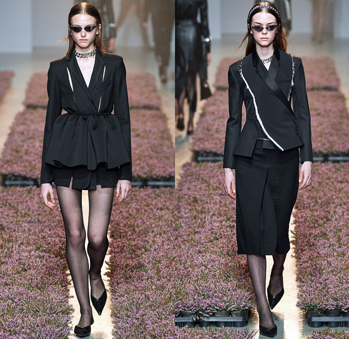 Rokh by Rok Hwang 2020-2021 Fall Autumn Winter Womens Runway Catwalk Looks - Paris Fashion Week Femme PFW - Visual Love Letter Sister April's Wedding Punk Chain Headband Pantsuit Blazer Tuxedo Biker Moto Jacket Trench Coat Trenchdress Poncho  Fringes Threads Frayed Accordion Pleats Cutout Shoulders Slit Wide Sleeves Patchwork Hybrid Deconstructed Split Houndstooth Check Plaid Flowers Floral Sheer Tulle Dress Bedazzled Crystals Stockings Tights Miniskirt Heels Sunglasses Handbag