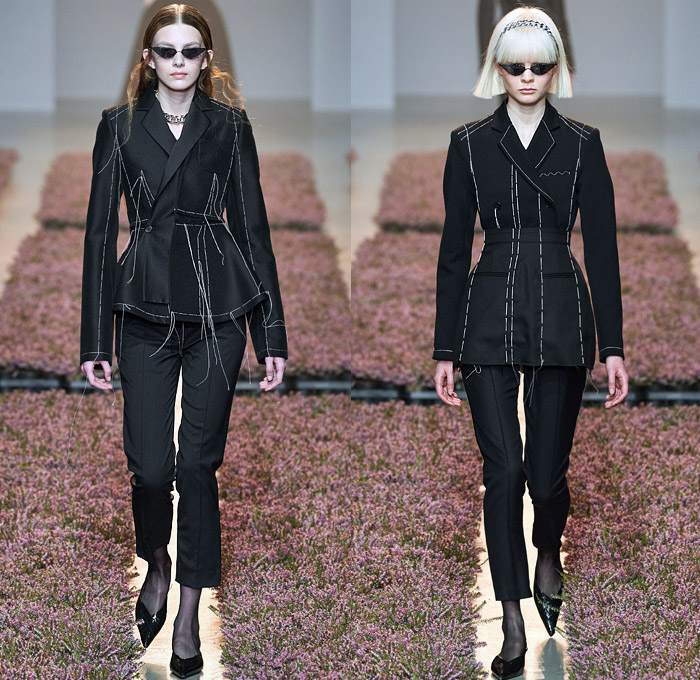 Rokh by Rok Hwang 2020-2021 Fall Autumn Winter Womens Runway Catwalk Looks - Paris Fashion Week Femme PFW - Visual Love Letter Sister April's Wedding Punk Chain Headband Pantsuit Blazer Tuxedo Biker Moto Jacket Trench Coat Trenchdress Poncho  Fringes Threads Frayed Accordion Pleats Cutout Shoulders Slit Wide Sleeves Patchwork Hybrid Deconstructed Split Houndstooth Check Plaid Flowers Floral Sheer Tulle Dress Bedazzled Crystals Stockings Tights Miniskirt Heels Sunglasses Handbag