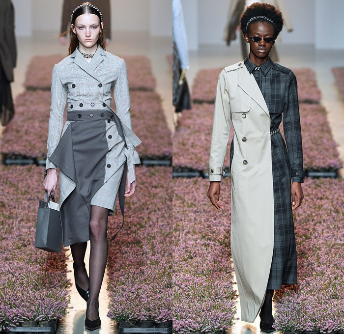 Rokh by Rok Hwang 2020-2021 Fall Autumn Winter Womens Runway Catwalk Looks - Paris Fashion Week Femme PFW - Visual Love Letter Sister April's Wedding Punk Chain Headband Pantsuit Blazer Tuxedo Biker Moto Jacket Trench Coat Trenchdress Poncho  Fringes Threads Frayed Accordion Pleats Cutout Shoulders Slit Wide Sleeves Patchwork Hybrid Deconstructed Split Houndstooth Check Plaid Flowers Floral Sheer Tulle Dress Bedazzled Crystals Stockings Tights Miniskirt Heels Sunglasses Handbag