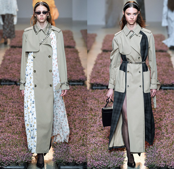 Rokh by Rok Hwang 2020-2021 Fall Autumn Winter Womens Runway Catwalk Looks - Paris Fashion Week Femme PFW - Visual Love Letter Sister April's Wedding Punk Chain Headband Pantsuit Blazer Tuxedo Biker Moto Jacket Trench Coat Trenchdress Poncho  Fringes Threads Frayed Accordion Pleats Cutout Shoulders Slit Wide Sleeves Patchwork Hybrid Deconstructed Split Houndstooth Check Plaid Flowers Floral Sheer Tulle Dress Bedazzled Crystals Stockings Tights Miniskirt Heels Sunglasses Handbag