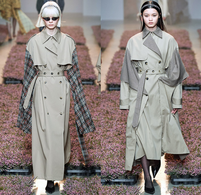 Rokh by Rok Hwang 2020-2021 Fall Autumn Winter Womens Runway Catwalk Looks - Paris Fashion Week Femme PFW - Visual Love Letter Sister April's Wedding Punk Chain Headband Pantsuit Blazer Tuxedo Biker Moto Jacket Trench Coat Trenchdress Poncho  Fringes Threads Frayed Accordion Pleats Cutout Shoulders Slit Wide Sleeves Patchwork Hybrid Deconstructed Split Houndstooth Check Plaid Flowers Floral Sheer Tulle Dress Bedazzled Crystals Stockings Tights Miniskirt Heels Sunglasses Handbag