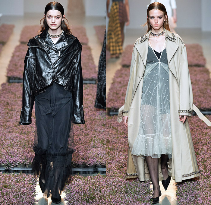 Rokh by Rok Hwang 2020-2021 Fall Autumn Winter Womens Runway Catwalk Looks - Paris Fashion Week Femme PFW - Visual Love Letter Sister April's Wedding Punk Chain Headband Pantsuit Blazer Tuxedo Biker Moto Jacket Trench Coat Trenchdress Poncho  Fringes Threads Frayed Accordion Pleats Cutout Shoulders Slit Wide Sleeves Patchwork Hybrid Deconstructed Split Houndstooth Check Plaid Flowers Floral Sheer Tulle Dress Bedazzled Crystals Stockings Tights Miniskirt Heels Sunglasses Handbag