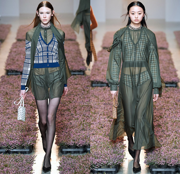 Rokh by Rok Hwang 2020-2021 Fall Autumn Winter Womens Runway Catwalk Looks - Paris Fashion Week Femme PFW - Visual Love Letter Sister April's Wedding Punk Chain Headband Pantsuit Blazer Tuxedo Biker Moto Jacket Trench Coat Trenchdress Poncho  Fringes Threads Frayed Accordion Pleats Cutout Shoulders Slit Wide Sleeves Patchwork Hybrid Deconstructed Split Houndstooth Check Plaid Flowers Floral Sheer Tulle Dress Bedazzled Crystals Stockings Tights Miniskirt Heels Sunglasses Handbag