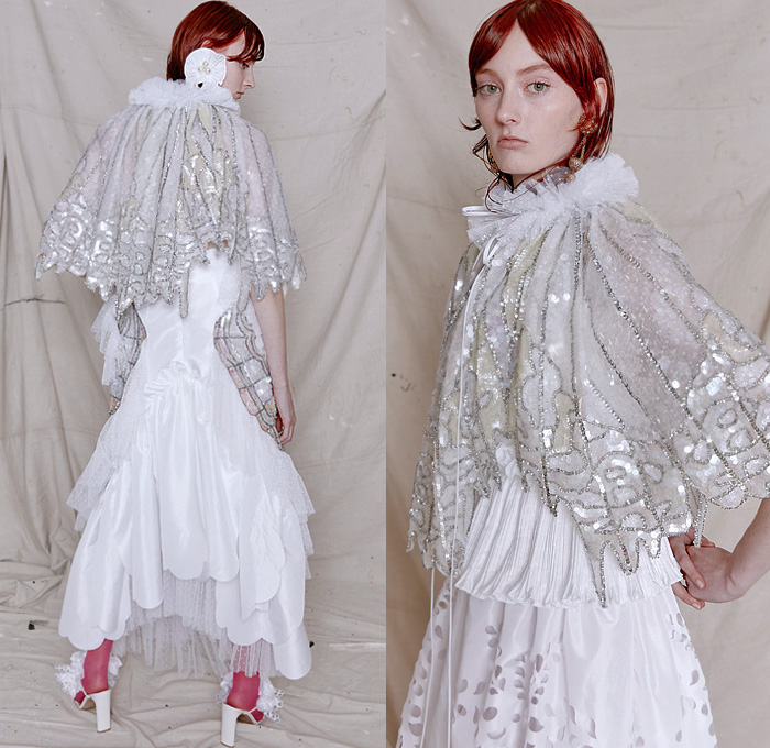 Romance Was Born 2020-2021 Fall Autumn Winter Womens Lookbook Presentation - Paris Fashion Week Femme PFW - Petals on the Wind - Flowers Floral Butterflies Sheer Tulle Sheen Ribbed Accordion Pleats Ruffles Curls Bedazzled Sequins Crystals Gems Lace Mesh Embroidery Cape Pellegrina Tiered Cutout Lasercut Holes Eyelets Black Silk Satin Bell Sleeves Opera Gloves Noodle Strap Strapless Poufy Sleeves Trench Jacket Wide Belt Dress Gown