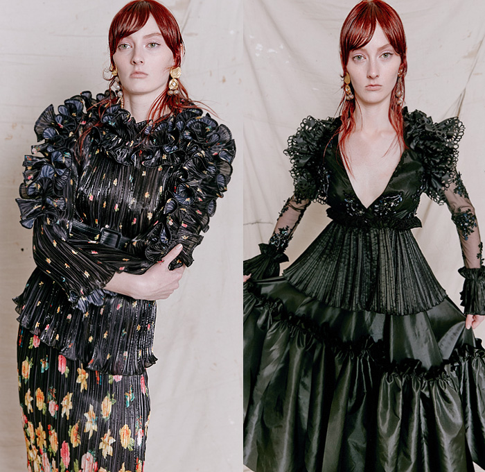 Romance Was Born 2020-2021 Fall Autumn Winter Womens Lookbook Presentation - Paris Fashion Week Femme PFW - Petals on the Wind - Flowers Floral Butterflies Sheer Tulle Sheen Ribbed Accordion Pleats Ruffles Curls Bedazzled Sequins Crystals Gems Lace Mesh Embroidery Cape Pellegrina Tiered Cutout Lasercut Holes Eyelets Black Silk Satin Bell Sleeves Opera Gloves Noodle Strap Strapless Poufy Sleeves Trench Jacket Wide Belt Dress Gown