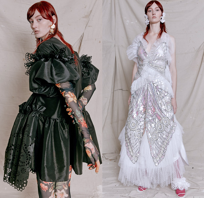 Romance Was Born 2020-2021 Fall Autumn Winter Womens Lookbook Presentation - Paris Fashion Week Femme PFW - Petals on the Wind - Flowers Floral Butterflies Sheer Tulle Sheen Ribbed Accordion Pleats Ruffles Curls Bedazzled Sequins Crystals Gems Lace Mesh Embroidery Cape Pellegrina Tiered Cutout Lasercut Holes Eyelets Black Silk Satin Bell Sleeves Opera Gloves Noodle Strap Strapless Poufy Sleeves Trench Jacket Wide Belt Dress Gown