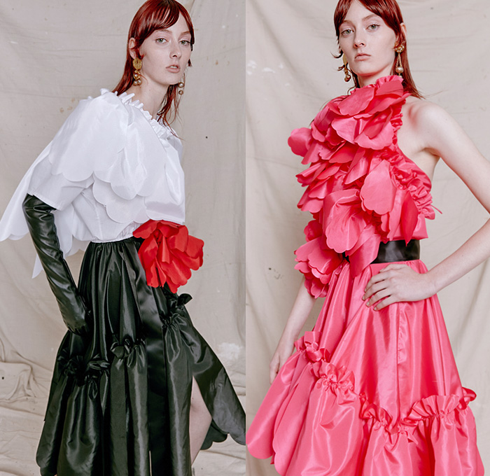Romance Was Born 2020-2021 Fall Autumn Winter Womens Lookbook Presentation - Paris Fashion Week Femme PFW - Petals on the Wind - Flowers Floral Butterflies Sheer Tulle Sheen Ribbed Accordion Pleats Ruffles Curls Bedazzled Sequins Crystals Gems Lace Mesh Embroidery Cape Pellegrina Tiered Cutout Lasercut Holes Eyelets Black Silk Satin Bell Sleeves Opera Gloves Noodle Strap Strapless Poufy Sleeves Trench Jacket Wide Belt Dress Gown