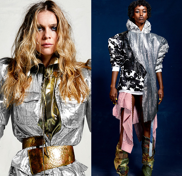 Ronald van der Kemp 2020-2021 Fall Autumn Winter Haute Couture Womens Lookbook Presentation - Metallic Silver Gold Foil Poufy Shoulders Puff Sleeves Patchwork Mixed Fabrics Decorative Art Deconstructed Trompe L'oeil Flowers Floral Ruffles Frayed Raw Hem Fringes Destroyed Denim Jeans Plaid Neck Flap Cap Camouflage Snakeskin Scarf Leopard Onesie Jumpsuit Coveralls Blouse One Shoulder Maxi Dress Paint Collage Abstract Spots Dress Gown Stars Robe Draped Sheer Flags Military Army Boots