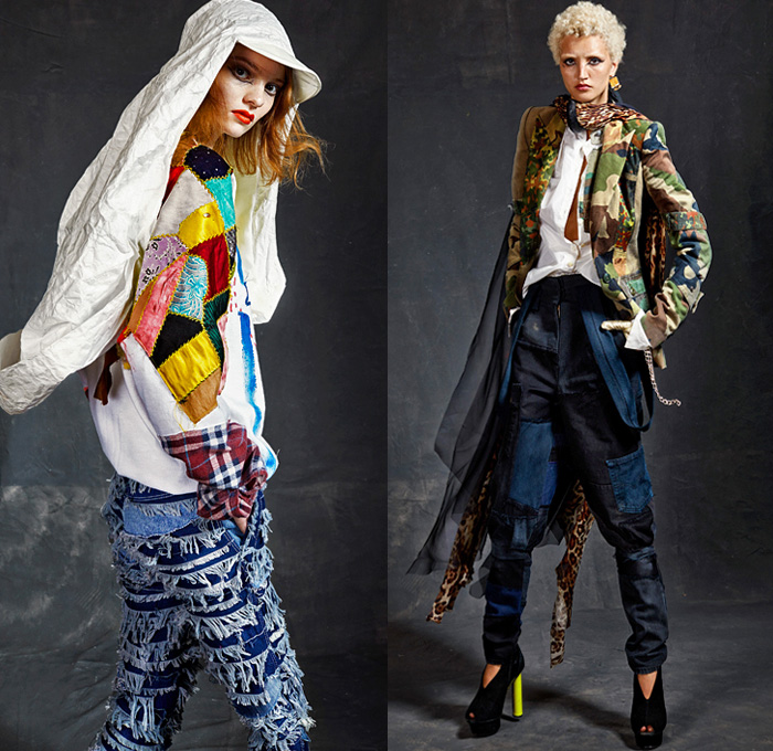 Ronald van der Kemp 2020-2021 Fall Autumn Winter Haute Couture Womens Lookbook Presentation - Metallic Silver Gold Foil Poufy Shoulders Puff Sleeves Patchwork Mixed Fabrics Decorative Art Deconstructed Trompe L'oeil Flowers Floral Ruffles Frayed Raw Hem Fringes Destroyed Denim Jeans Plaid Neck Flap Cap Camouflage Snakeskin Scarf Leopard Onesie Jumpsuit Coveralls Blouse One Shoulder Maxi Dress Paint Collage Abstract Spots Dress Gown Stars Robe Draped Sheer Flags Military Army Boots