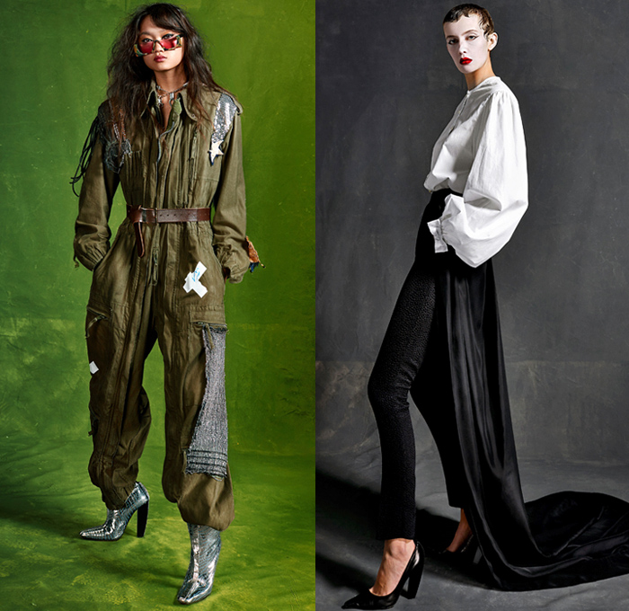 Ronald van der Kemp 2020-2021 Fall Autumn Winter Haute Couture Womens Lookbook Presentation - Metallic Silver Gold Foil Poufy Shoulders Puff Sleeves Patchwork Mixed Fabrics Decorative Art Deconstructed Trompe L'oeil Flowers Floral Ruffles Frayed Raw Hem Fringes Destroyed Denim Jeans Plaid Neck Flap Cap Camouflage Snakeskin Scarf Leopard Onesie Jumpsuit Coveralls Blouse One Shoulder Maxi Dress Paint Collage Abstract Spots Dress Gown Stars Robe Draped Sheer Flags Military Army Boots