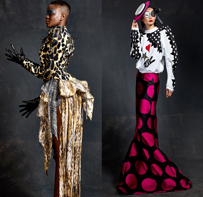 Ronald van der Kemp 2020-2021 Fall Autumn Winter Haute Couture Womens Lookbook Presentation - Metallic Silver Gold Foil Poufy Shoulders Puff Sleeves Patchwork Mixed Fabrics Decorative Art Deconstructed Trompe L'oeil Flowers Floral Ruffles Frayed Raw Hem Fringes Destroyed Denim Jeans Plaid Neck Flap Cap Camouflage Snakeskin Scarf Leopard Onesie Jumpsuit Coveralls Blouse One Shoulder Maxi Dress Paint Collage Abstract Spots Dress Gown Stars Robe Draped Sheer Flags Military Army Boots