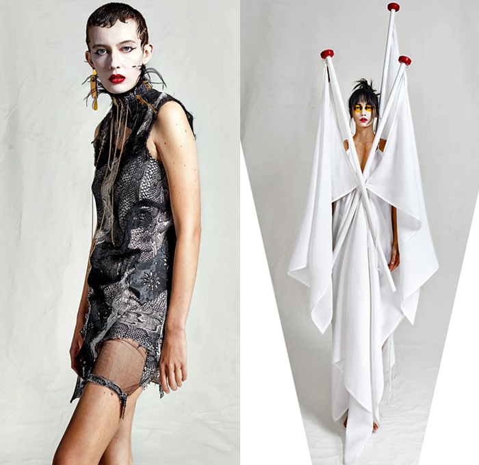 Ronald van der Kemp 2020-2021 Fall Autumn Winter Haute Couture Womens Lookbook Presentation - Metallic Silver Gold Foil Poufy Shoulders Puff Sleeves Patchwork Mixed Fabrics Decorative Art Deconstructed Trompe L'oeil Flowers Floral Ruffles Frayed Raw Hem Fringes Destroyed Denim Jeans Plaid Neck Flap Cap Camouflage Snakeskin Scarf Leopard Onesie Jumpsuit Coveralls Blouse One Shoulder Maxi Dress Paint Collage Abstract Spots Dress Gown Stars Robe Draped Sheer Flags Military Army Boots