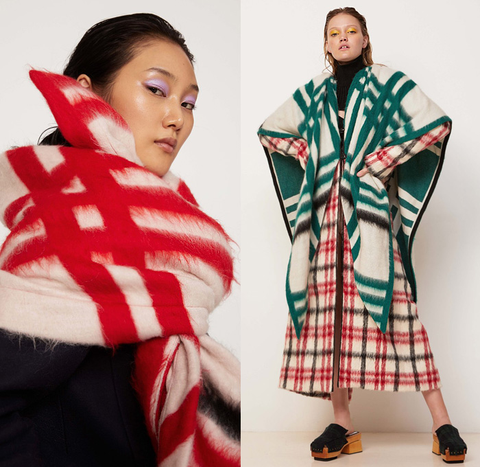 Rosie Assoulin 2020-2021 Fall Autumn Winter Womens Lookbook Presentation - New York Fashion Week NYFW - Mohair Fur Check Plaid Tartan Shawl Poncho Tweed Knit Coat Shearling Leather Shirtdress Turtleneck Cutout Crop Top Midriff Ruffles Frayed Bralette Dress Silk Satin Gown Trompe L'oeil Sunflowers Flowers Floral Embroidery Blouse Draped Wide Leg Palazzo Pants Tiered Skirt Halterneck Bow Ribbon Lime Green Clogs