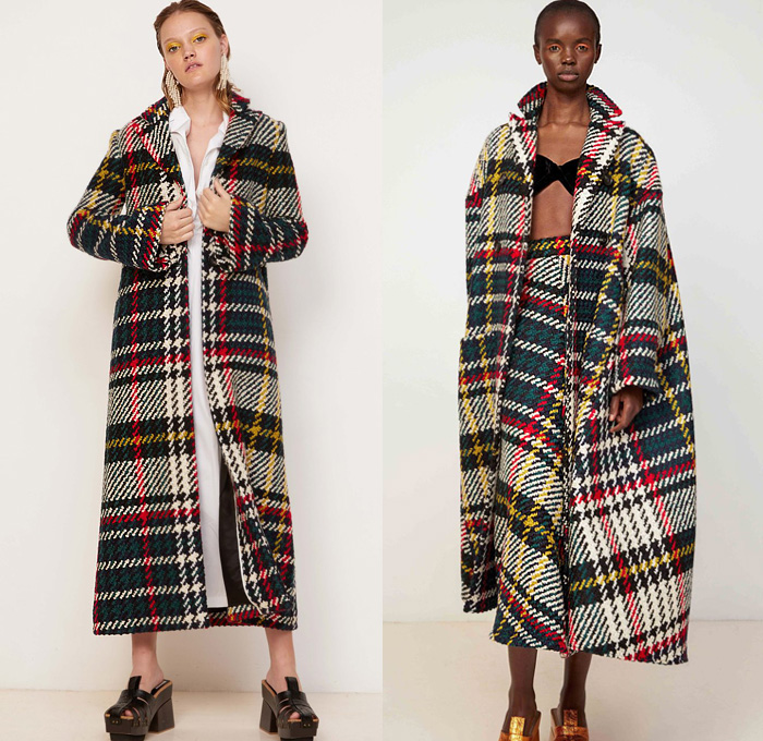 Rosie Assoulin 2020-2021 Fall Autumn Winter Womens Lookbook Presentation - New York Fashion Week NYFW - Mohair Fur Check Plaid Tartan Shawl Poncho Tweed Knit Coat Shearling Leather Shirtdress Turtleneck Cutout Crop Top Midriff Ruffles Frayed Bralette Dress Silk Satin Gown Trompe L'oeil Sunflowers Flowers Floral Embroidery Blouse Draped Wide Leg Palazzo Pants Tiered Skirt Halterneck Bow Ribbon Lime Green Clogs
