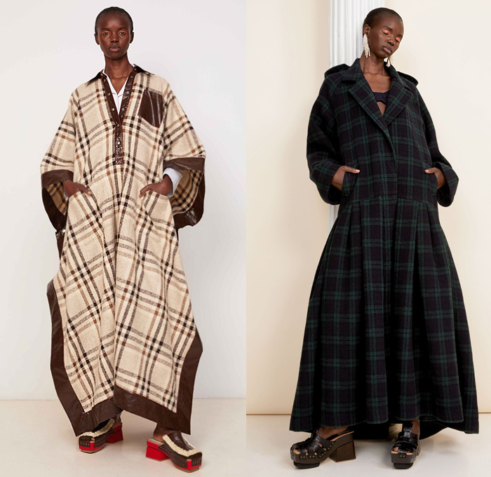 Rosie Assoulin 2020-2021 Fall Autumn Winter Womens Lookbook Presentation - New York Fashion Week NYFW - Mohair Fur Check Plaid Tartan Shawl Poncho Tweed Knit Coat Shearling Leather Shirtdress Turtleneck Cutout Crop Top Midriff Ruffles Frayed Bralette Dress Silk Satin Gown Trompe L'oeil Sunflowers Flowers Floral Embroidery Blouse Draped Wide Leg Palazzo Pants Tiered Skirt Halterneck Bow Ribbon Lime Green Clogs