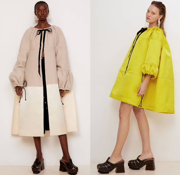 Rosie Assoulin 2020-2021 Fall Autumn Winter Womens Lookbook Presentation - New York Fashion Week NYFW - Mohair Fur Check Plaid Tartan Shawl Poncho Tweed Knit Coat Shearling Leather Shirtdress Turtleneck Cutout Crop Top Midriff Ruffles Frayed Bralette Dress Silk Satin Gown Trompe L'oeil Sunflowers Flowers Floral Embroidery Blouse Draped Wide Leg Palazzo Pants Tiered Skirt Halterneck Bow Ribbon Lime Green Clogs