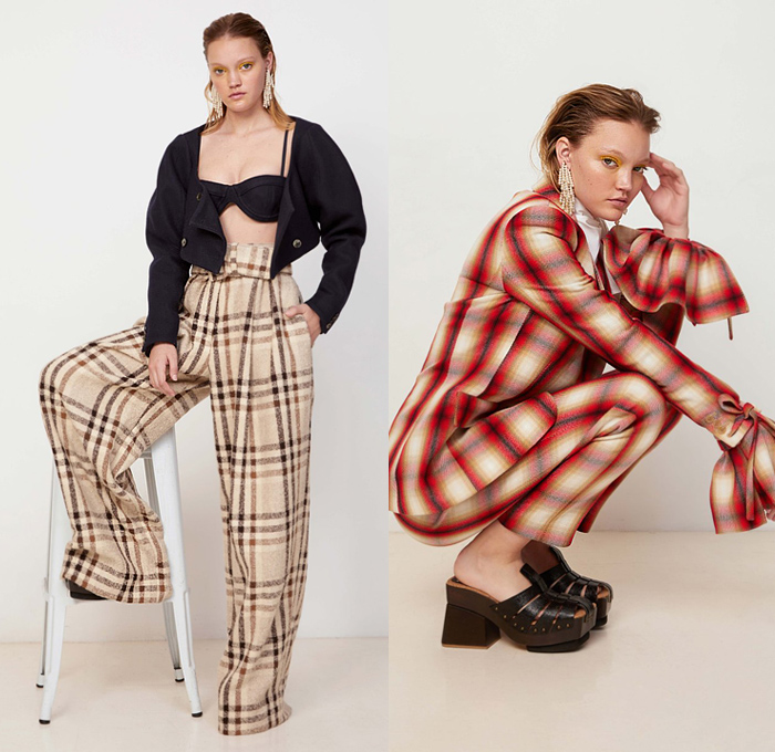 Rosie Assoulin 2020-2021 Fall Autumn Winter Womens Lookbook Presentation - New York Fashion Week NYFW - Mohair Fur Check Plaid Tartan Shawl Poncho Tweed Knit Coat Shearling Leather Shirtdress Turtleneck Cutout Crop Top Midriff Ruffles Frayed Bralette Dress Silk Satin Gown Trompe L'oeil Sunflowers Flowers Floral Embroidery Blouse Draped Wide Leg Palazzo Pants Tiered Skirt Halterneck Bow Ribbon Lime Green Clogs