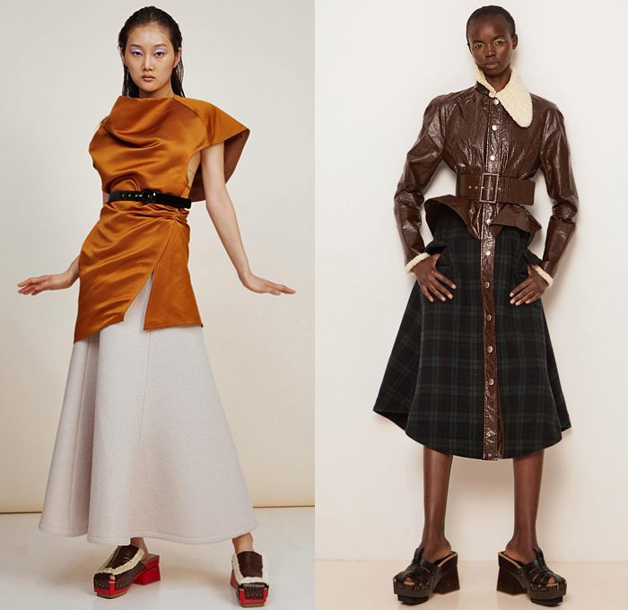 Rosie Assoulin 2020-2021 Fall Autumn Winter Womens Lookbook Presentation - New York Fashion Week NYFW - Mohair Fur Check Plaid Tartan Shawl Poncho Tweed Knit Coat Shearling Leather Shirtdress Turtleneck Cutout Crop Top Midriff Ruffles Frayed Bralette Dress Silk Satin Gown Trompe L'oeil Sunflowers Flowers Floral Embroidery Blouse Draped Wide Leg Palazzo Pants Tiered Skirt Halterneck Bow Ribbon Lime Green Clogs