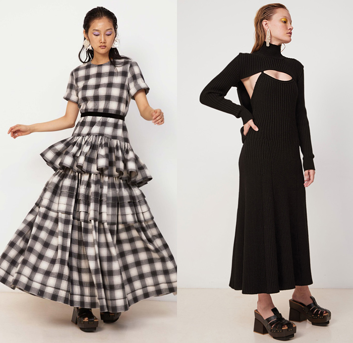 Rosie Assoulin 2020-2021 Fall Autumn Winter Womens Lookbook Presentation - New York Fashion Week NYFW - Mohair Fur Check Plaid Tartan Shawl Poncho Tweed Knit Coat Shearling Leather Shirtdress Turtleneck Cutout Crop Top Midriff Ruffles Frayed Bralette Dress Silk Satin Gown Trompe L'oeil Sunflowers Flowers Floral Embroidery Blouse Draped Wide Leg Palazzo Pants Tiered Skirt Halterneck Bow Ribbon Lime Green Clogs