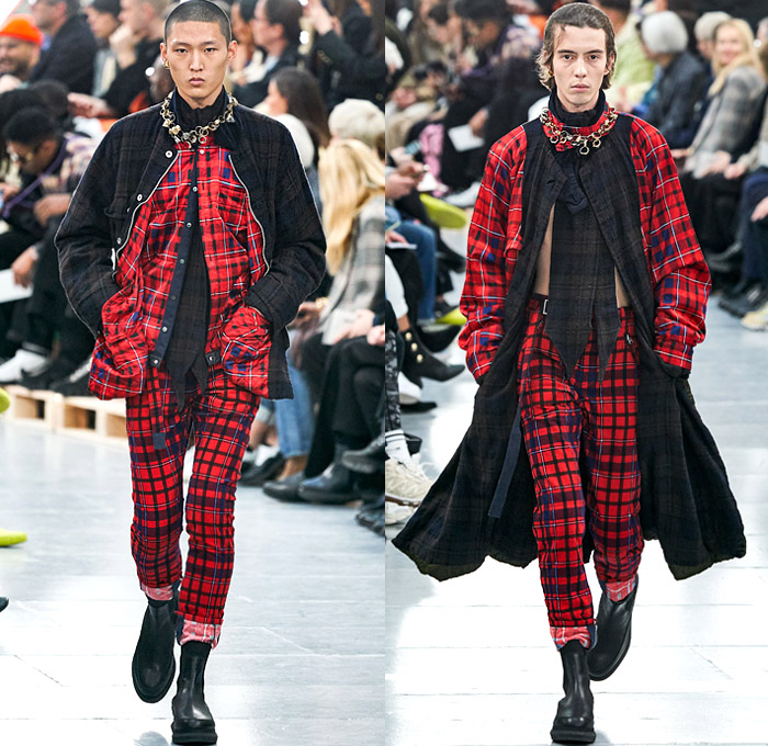 Sacai 2020-2021 Fall Autumn Winter Mens Runway Looks Designer Chitose Abe- Mode à Paris Fashion Week Mode Masculine Homme France - Hybrid Deconstructed Split Panels Denim Jeans Trench Coat Zipper Straps Paisley Bandanna Layers Knit Weave Crochet Sweater Fringes Plaid Check Military Oversized Big Neck Tie Leopard Cheetah Quilted Puffer Parka Fleece Cargo Utility Pockets Belt Bag Fanny Pack Boots Trainers Rings Necklace Duffel Bag