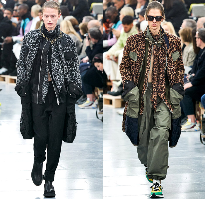 Sacai 2020-2021 Fall Autumn Winter Mens Runway Looks Designer Chitose Abe- Mode à Paris Fashion Week Mode Masculine Homme France - Hybrid Deconstructed Split Panels Denim Jeans Trench Coat Zipper Straps Paisley Bandanna Layers Knit Weave Crochet Sweater Fringes Plaid Check Military Oversized Big Neck Tie Leopard Cheetah Quilted Puffer Parka Fleece Cargo Utility Pockets Belt Bag Fanny Pack Boots Trainers Rings Necklace Duffel Bag