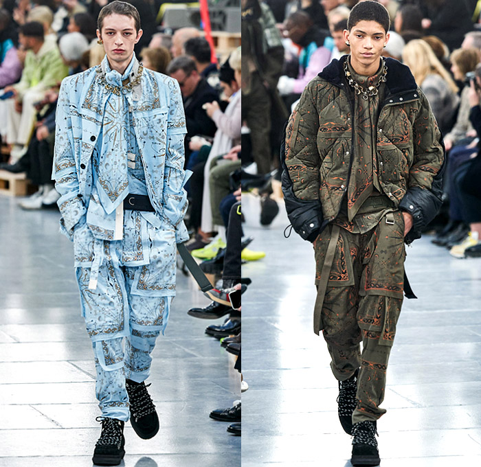 Sacai 2020-2021 Fall Autumn Winter Mens Runway Looks Designer Chitose Abe- Mode à Paris Fashion Week Mode Masculine Homme France - Hybrid Deconstructed Split Panels Denim Jeans Trench Coat Zipper Straps Paisley Bandanna Layers Knit Weave Crochet Sweater Fringes Plaid Check Military Oversized Big Neck Tie Leopard Cheetah Quilted Puffer Parka Fleece Cargo Utility Pockets Belt Bag Fanny Pack Boots Trainers Rings Necklace Duffel Bag