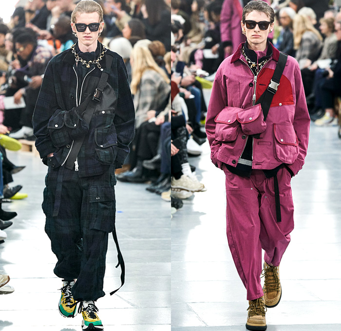 Sacai 2020-2021 Fall Autumn Winter Mens Runway Looks Designer Chitose Abe- Mode à Paris Fashion Week Mode Masculine Homme France - Hybrid Deconstructed Split Panels Denim Jeans Trench Coat Zipper Straps Paisley Bandanna Layers Knit Weave Crochet Sweater Fringes Plaid Check Military Oversized Big Neck Tie Leopard Cheetah Quilted Puffer Parka Fleece Cargo Utility Pockets Belt Bag Fanny Pack Boots Trainers Rings Necklace Duffel Bag