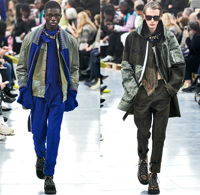 Sacai 2020-2021 Fall Autumn Winter Mens Runway Looks Designer Chitose Abe- Mode à Paris Fashion Week Mode Masculine Homme France - Hybrid Deconstructed Split Panels Denim Jeans Trench Coat Zipper Straps Paisley Bandanna Layers Knit Weave Crochet Sweater Fringes Plaid Check Military Oversized Big Neck Tie Leopard Cheetah Quilted Puffer Parka Fleece Cargo Utility Pockets Belt Bag Fanny Pack Boots Trainers Rings Necklace Duffel Bag