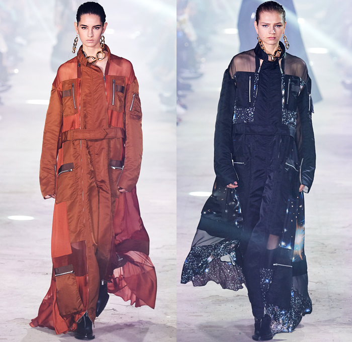 Sacai 2020-2021 Fall Autumn Winter Womens Runway Catwalk Looks - Paris Fashion Week Femme PFW - Chitose Abe - Hybrid Deconstructed Gattaca NASA Space Photos Monograph Letters Onesie Shirtdress Jacketdress Blazergown Mullet High-Low Hem Zipper Pockets Silk Satin Sheer Tulle Chiffon Chain Vest Tabard Sleeveless Opera Gloves Tribal Zigzag Knit Sweater Capelet Pellegrina Loops Rings Lace Embroidery Needlework Check Frayed Skirt Asymmetrical Quilted Puffer Bomber Vest Coat Boots