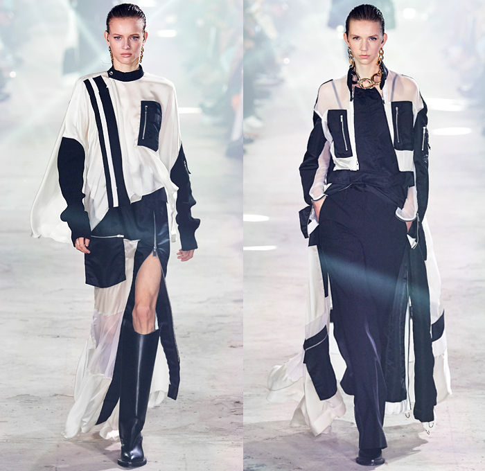 Sacai 2020-2021 Fall Autumn Winter Womens Runway Catwalk Looks - Paris Fashion Week Femme PFW - Chitose Abe - Hybrid Deconstructed Gattaca NASA Space Photos Monograph Letters Onesie Shirtdress Jacketdress Blazergown Mullet High-Low Hem Zipper Pockets Silk Satin Sheer Tulle Chiffon Chain Vest Tabard Sleeveless Opera Gloves Tribal Zigzag Knit Sweater Capelet Pellegrina Loops Rings Lace Embroidery Needlework Check Frayed Skirt Asymmetrical Quilted Puffer Bomber Vest Coat Boots